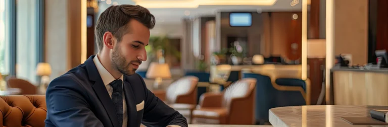 Hombre director de hotel con traje azul oscuro en un hotel