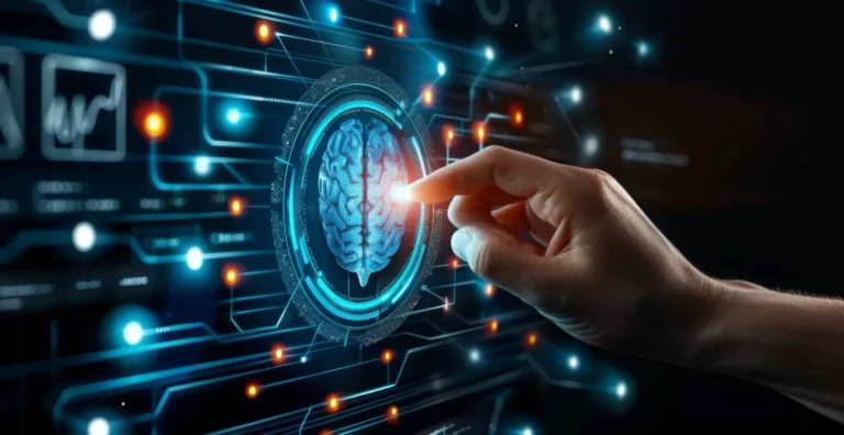 Neuromarketing: Mano interactuando con una interfaz digital que muestra un cerebro iluminado