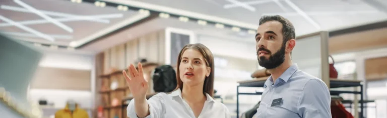 Hombre con camisa y mujer con camisa en una tienda implementando una estrategia de retail management