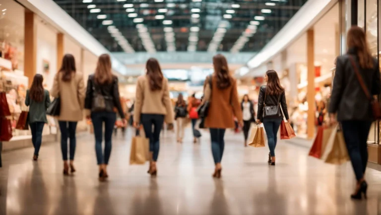 Personas caminando por un centro comercial con bolsas de compras, ejemplificando el branding en la moda.