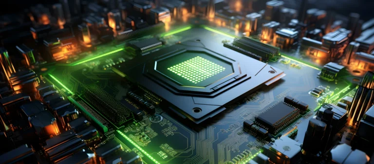 Chip gráfico de NVIDIA brilla con luces verdes en una placa base, simbolizando cómo NVIDIA aumenta su valor gracias a la IA