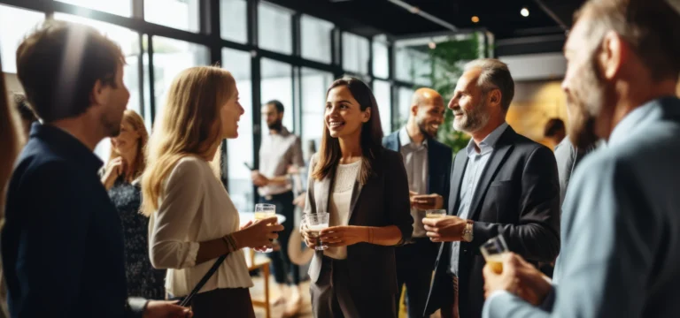 personas en un evento de empresa con vasos en la mano