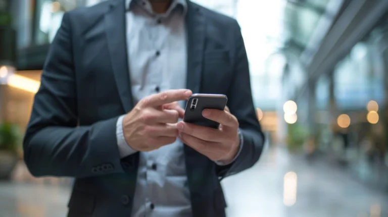 Hombre de negocios usando un smartphone en un entorno moderno, representando la eliminación del scroll infinito de Google en la página de búsquedas