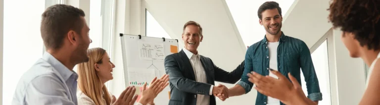 Dos líderes con sus compañeros de trabajo en una reunión en una oficina, demostrando liderazgo y trabajo en equipo.