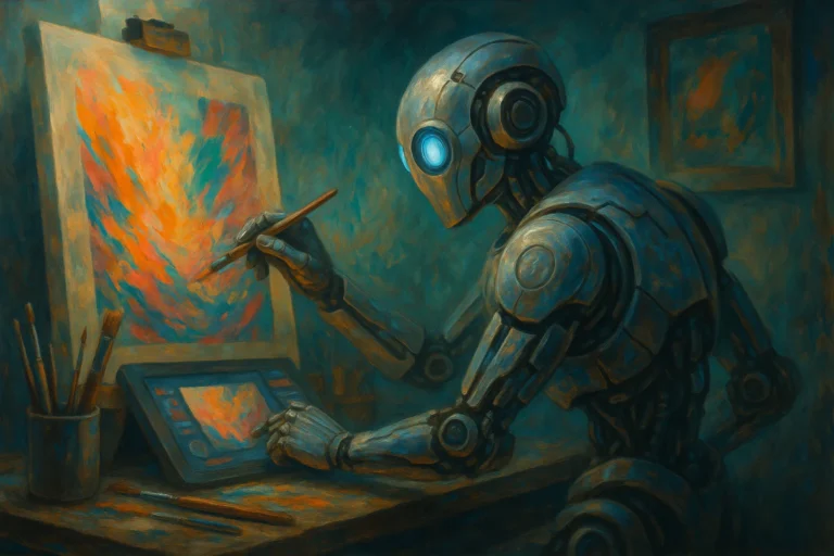 Representación de un robot con Inteligencia Artificial pintando una obra de arte sobre un lienzo